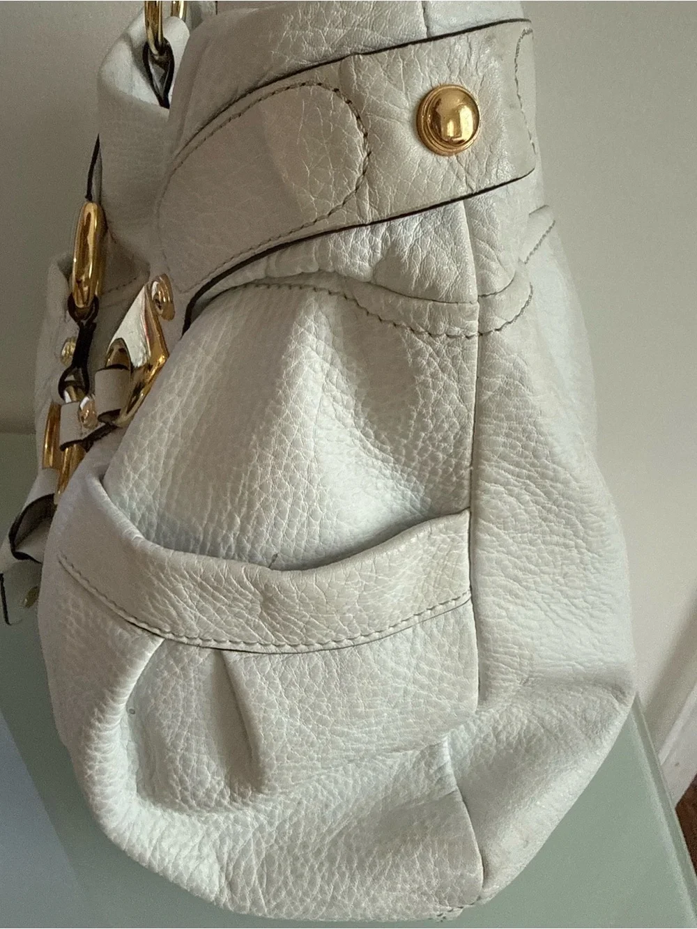 b. makowsky White Leather Shoulder Bag with Gold Ring Detail